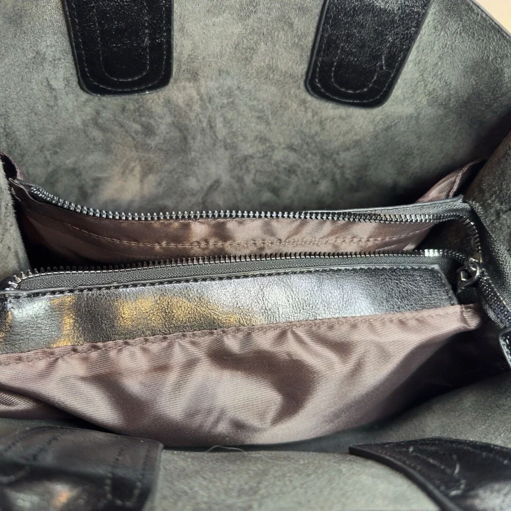 Black Faux Leather Handbag with Brown Satin‎ Interior
